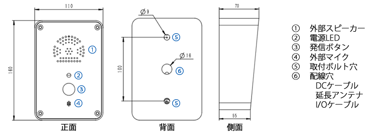 4G-VoLTEインターコム各部の名称,寸法